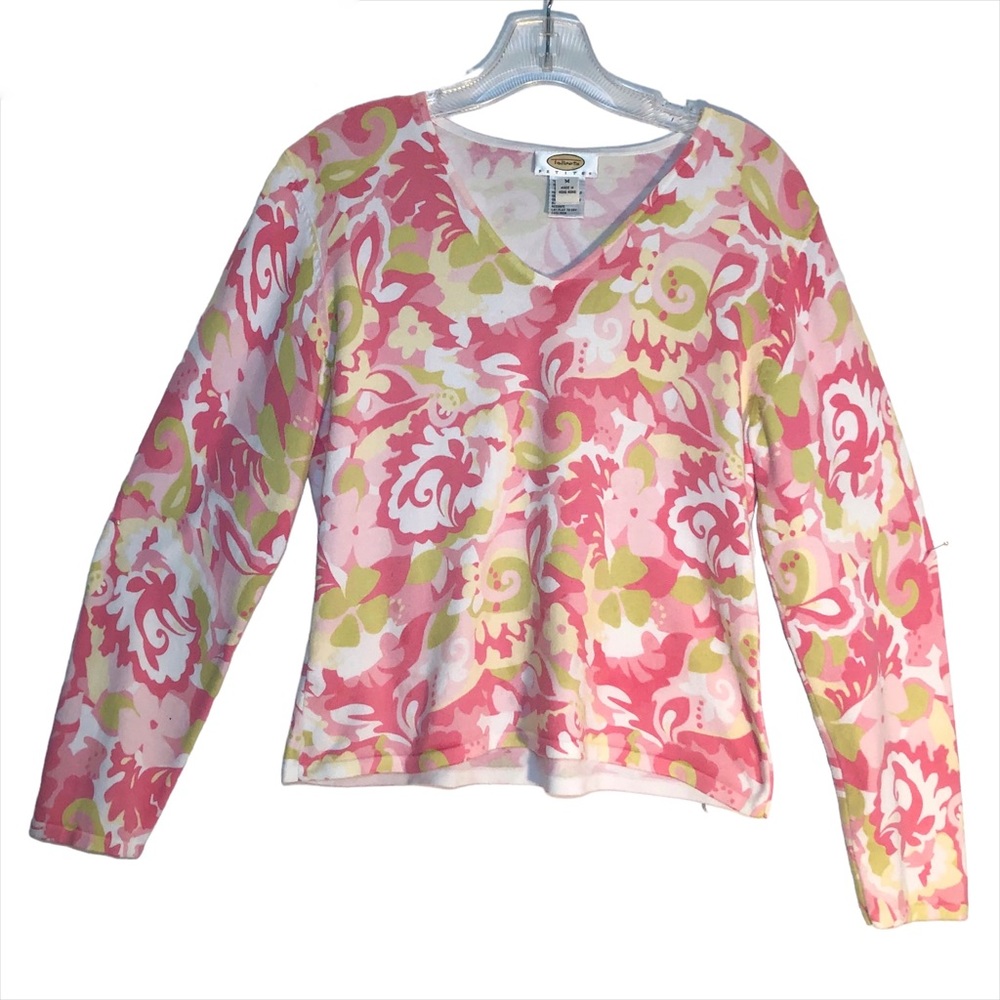Talbots abstract pastel floral print cotton blend sweater petite medium